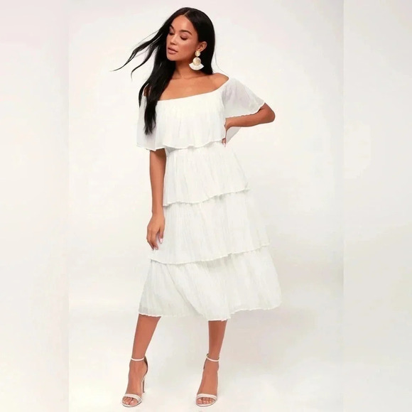 Lulus Gala Ready Off Shoulder Ruffle Midi Dress pleated bridal tiered engagement - Picture 1 of 9